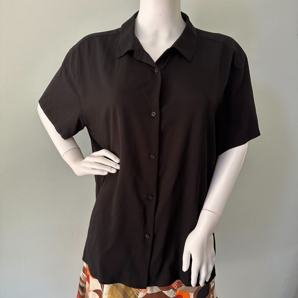 Uniqlo Rayon Blouse Short Sleeve Black Women's Button Down Top size XL